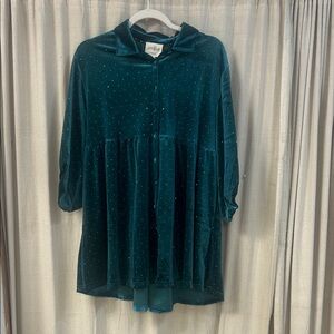 Teal Velvet Button-Up Babydoll Top - Umgee